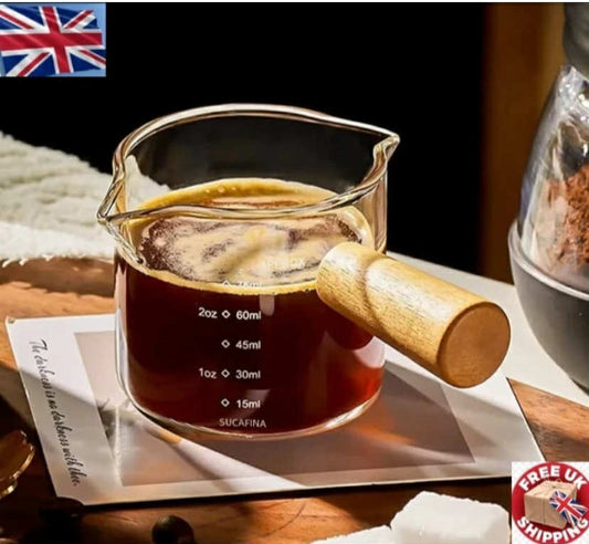 Wood Handle Glass Measuring Cup for Espresso Coffee Milk Barista Tools