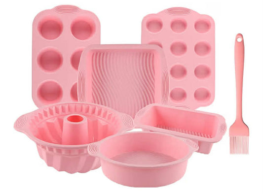 Nonstick Silicone Bakeware Set, 7pcs Baking Cake Pan, Economical BPA Free Heat Resistant Bakeware Suppliers Tools Kit with Silicone Brush for DIY Loaf Bread Cheesecake Pizza Cupcake Muffin