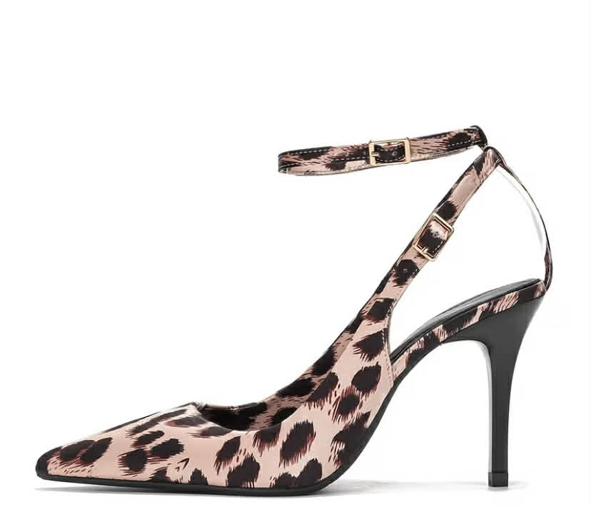 Women'S Elegant Leopard Print Stiletto Sandals, Sexy Pointed Toe High Heel with Ankle Strap, All-Season Fashion Shoes with Buckle Closure, Fabric Upper, TPU Sole, Man-Made Inner & Insole