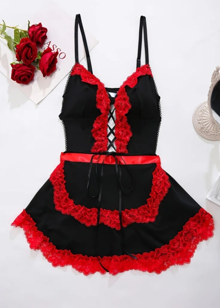 2 pcs Plus Size Women's Cosplay, COS Naughty Outfit, Fantasy Ribbon Cut-Out Backless, Seductive Sexy Hot, Role Play, Sexy Maid Temptation, Bedroom Temptation, Alluring Mini Skirt