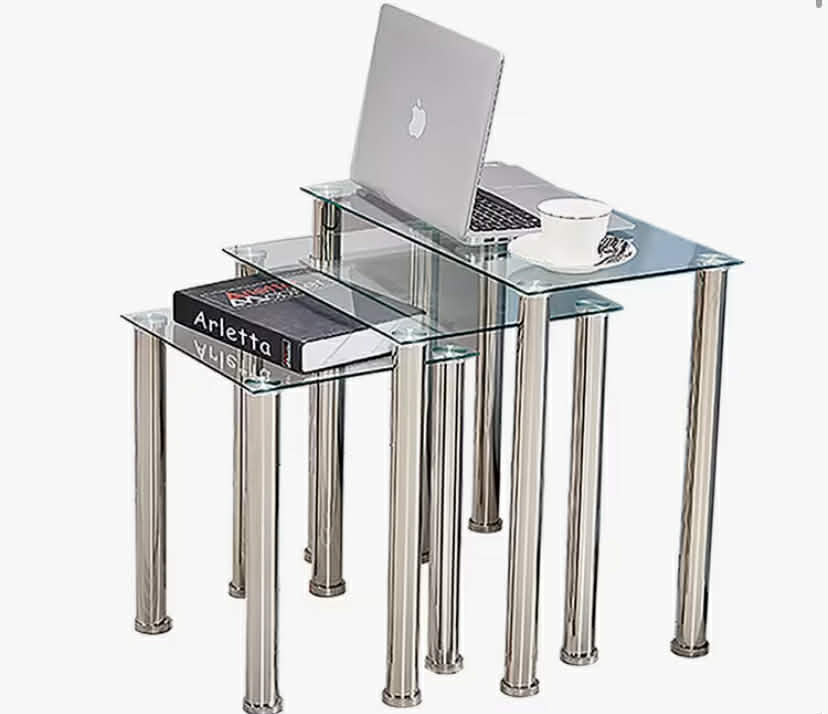 Glass Nest of Tables Set of 3 with Chrome Leg for Living Room Bedroom, Rectangular Nest Coffee Set Sofa Side Table End Table for Small Narrow Corner Space