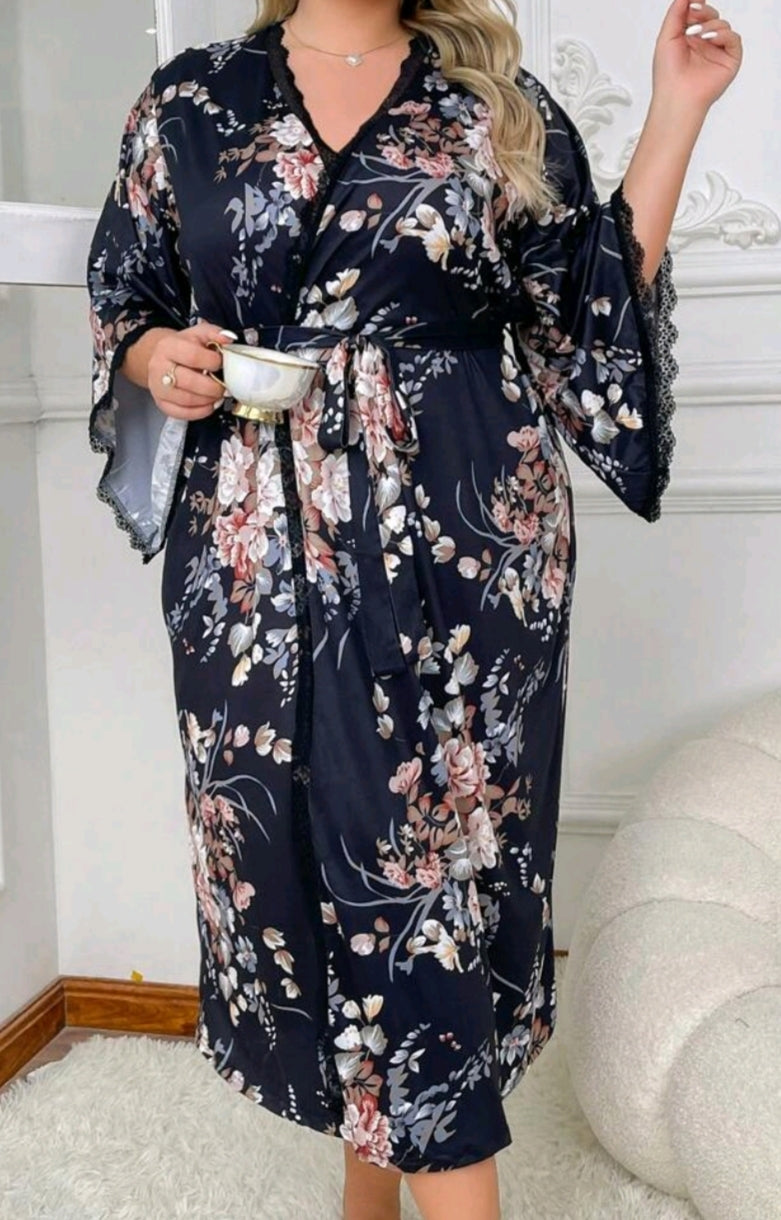 Plus Size Fashionable Floral Print Belted Robe With Lace Trim