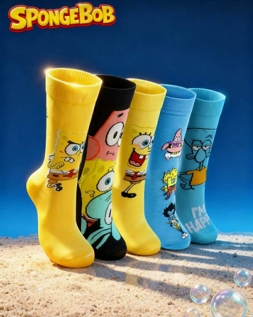5 pairs Pair Spongebob Printed Crew Socks For Women, Funny Cartoon Socks With Random Expressions, Suitable For Home, Vacation, Sports And Daily Wear, All Seasons