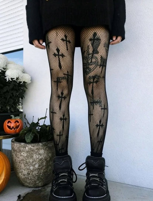 2 Pairs Pair Punk Dark Cross Pattern Fishnet Stockings Women Hollow Out Over-The-Knee Tights Gothic Dark Sexy Sheer High Waist Stirrup Mesh Pants