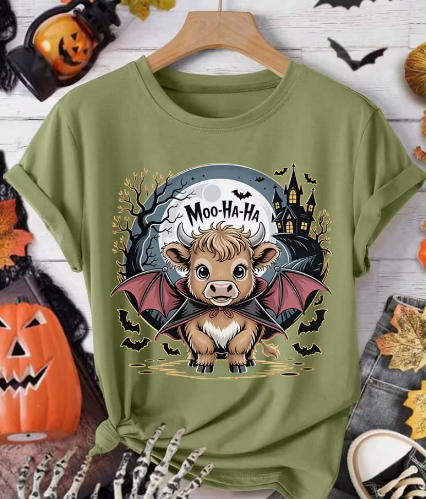 Women's T-Shirt Party Gift Moo-Ha-Ha Text Vampire Highland Cow Castle Dead Tree Bat Full Print  Round Neck Short Sleeve Dark Cute Style  All-Season