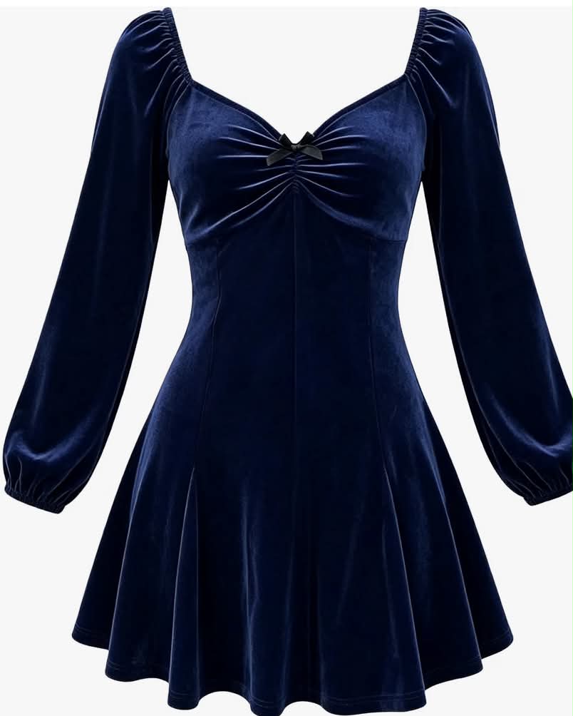 Women's V Neck Ruched Bow Bust Mini Velvet Dress