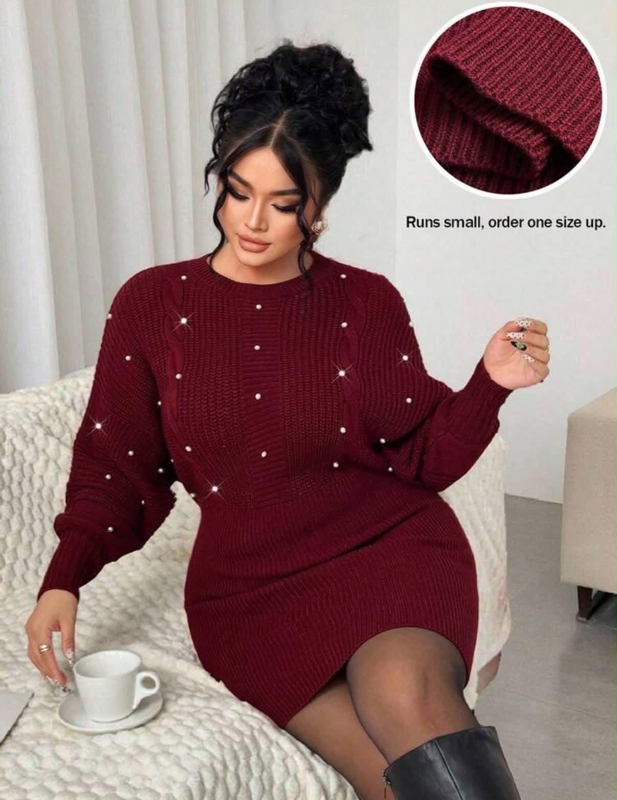 Women's Elegant Loose Beaded Long Sleeve Plus Size Sweater Dress,