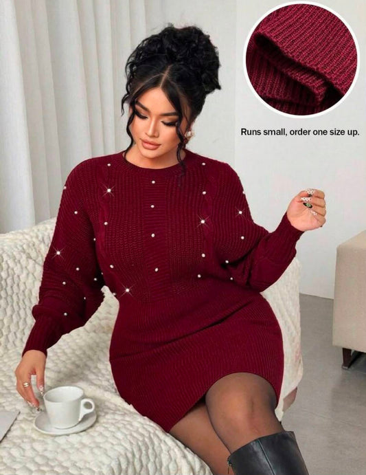 Women's Elegant Loose Beaded Long Sleeve Plus Size Sweater Dress,