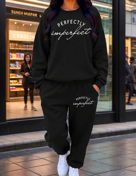 Plus Size Women's Sweatshirt And Jogging Set,Black Autumn Casual Everyday Thermal Lined Crew Neck Graphic Print Machine Washable Fall Winter Outfit