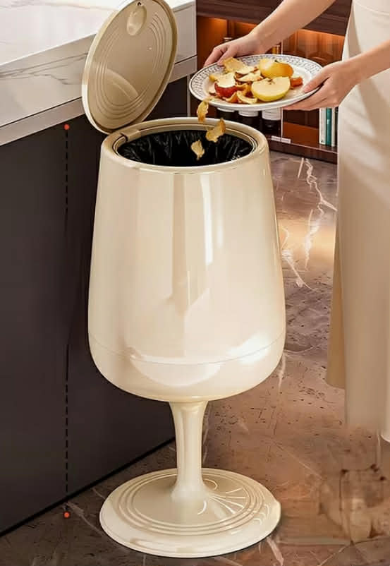 A High-Footed Wine Glass-Shaped Trash Can with a Lid, Creatively Designed for Floor Use