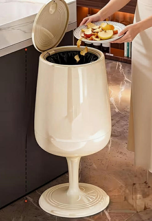 A High-Footed Wine Glass-Shaped Trash Can with a Lid, Creatively Designed for Floor Use