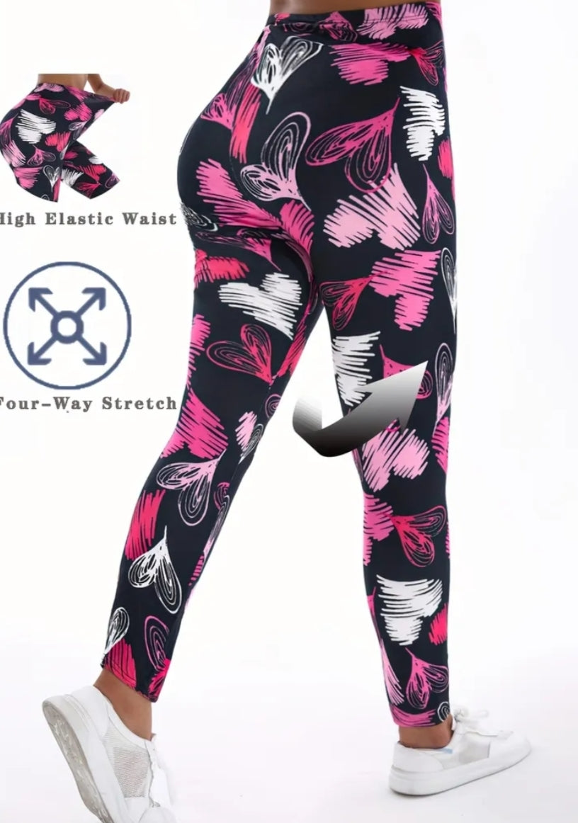 Fashionable Heart Print Tight-Fitting Leggings, Casual
