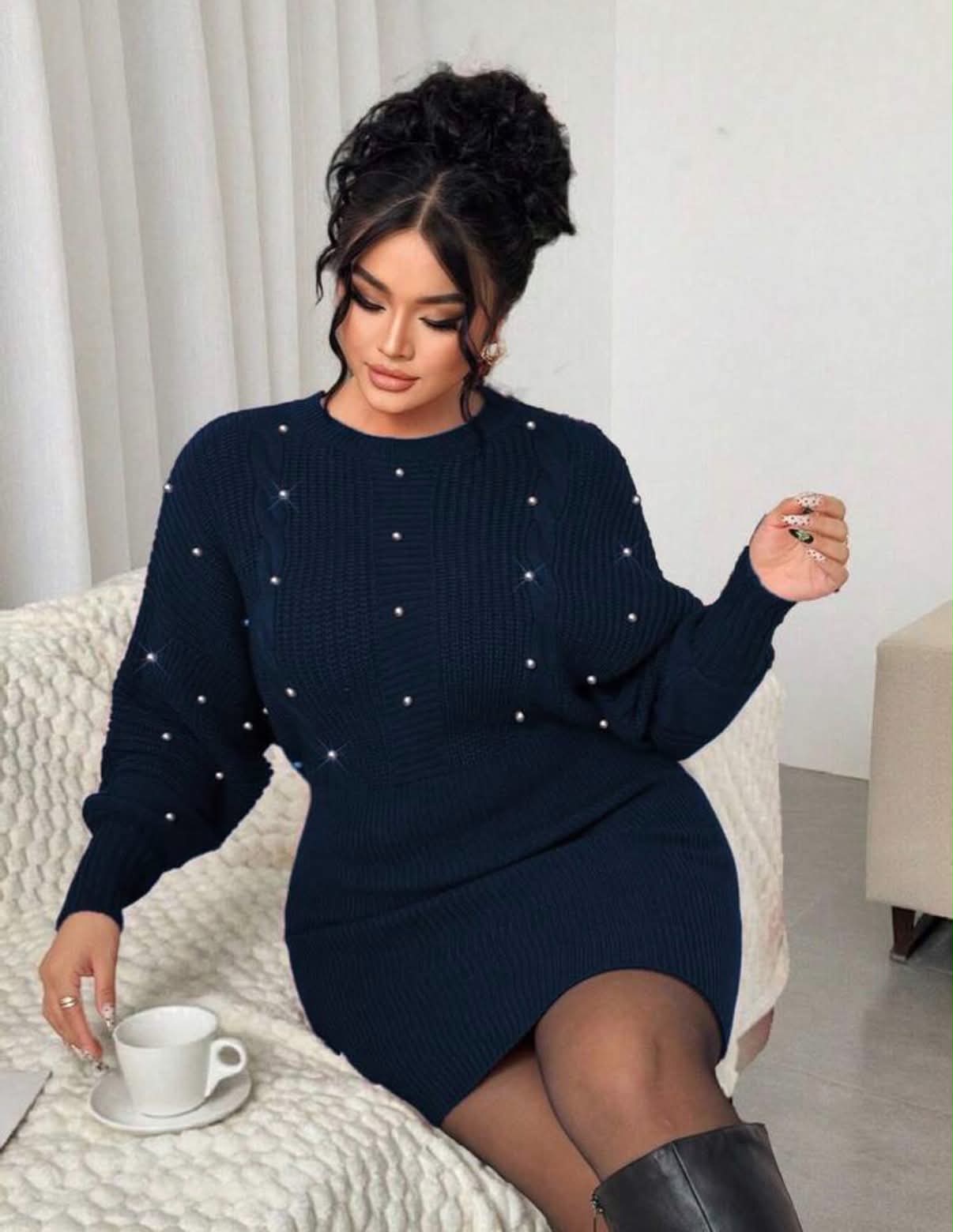 Women's Elegant Loose Beaded Long Sleeve Plus Size Sweater Dress,