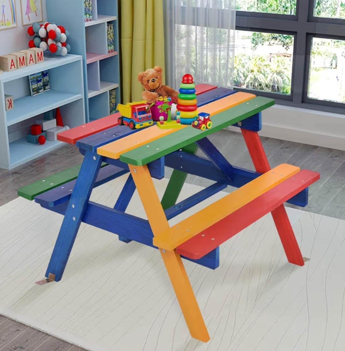 Kids Picnic Table, Garden Wooden Bench with Removable Umbrella, Outdoor Children Furniture Parasol