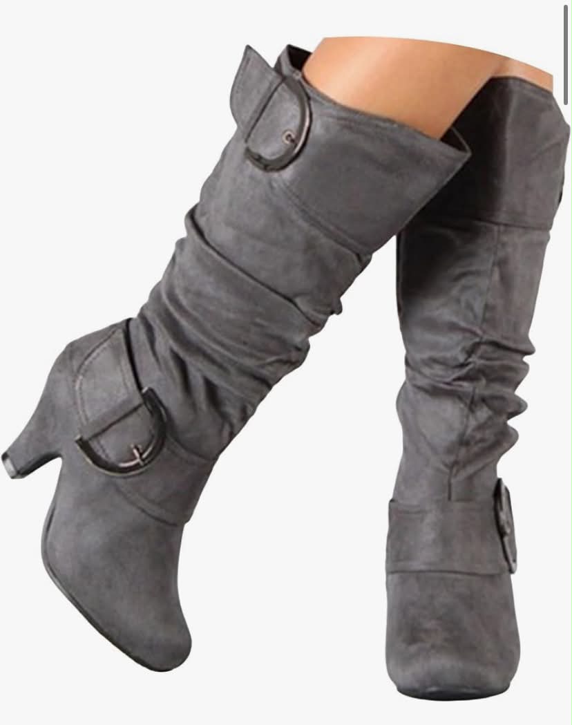 Extra Wide Calf Boots for Women - Suede Mid Calf Boots Slouchy Boots, Chunky High Heel, Wide Width, Round Toe Slouch Boots Dressy Fall Winter Long Boots