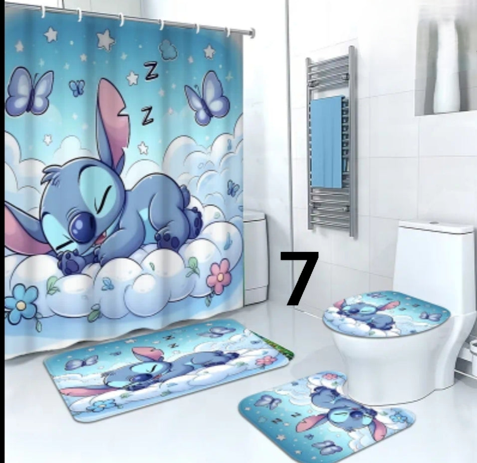 4 pcs Home Bathroom Shower Curtain And Mat Set Stitch Cute Moments -  Includes Shower Curtain, Toilet Lid Cover, Floor Mat And U-Shaped Mat  180.01X180.01Cm, with 12 Hooks