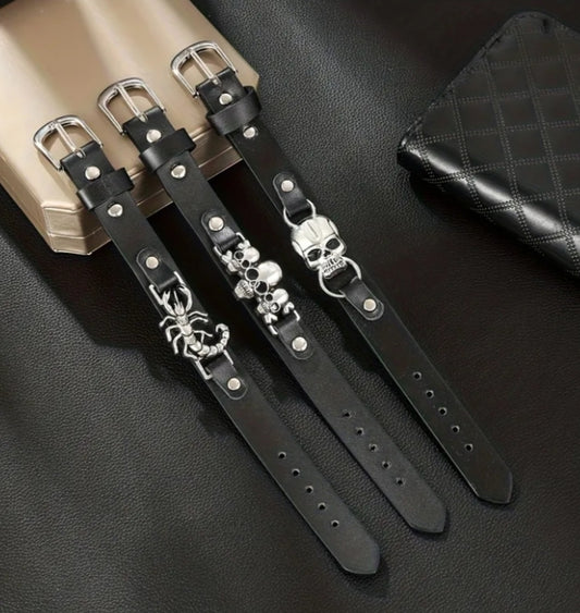3 pc Punk Style Black Bracelet, Adjustable Pin Buckle with Skull/scorpion Metal Decoration, Rock Street Style Personality Hand Accessory.