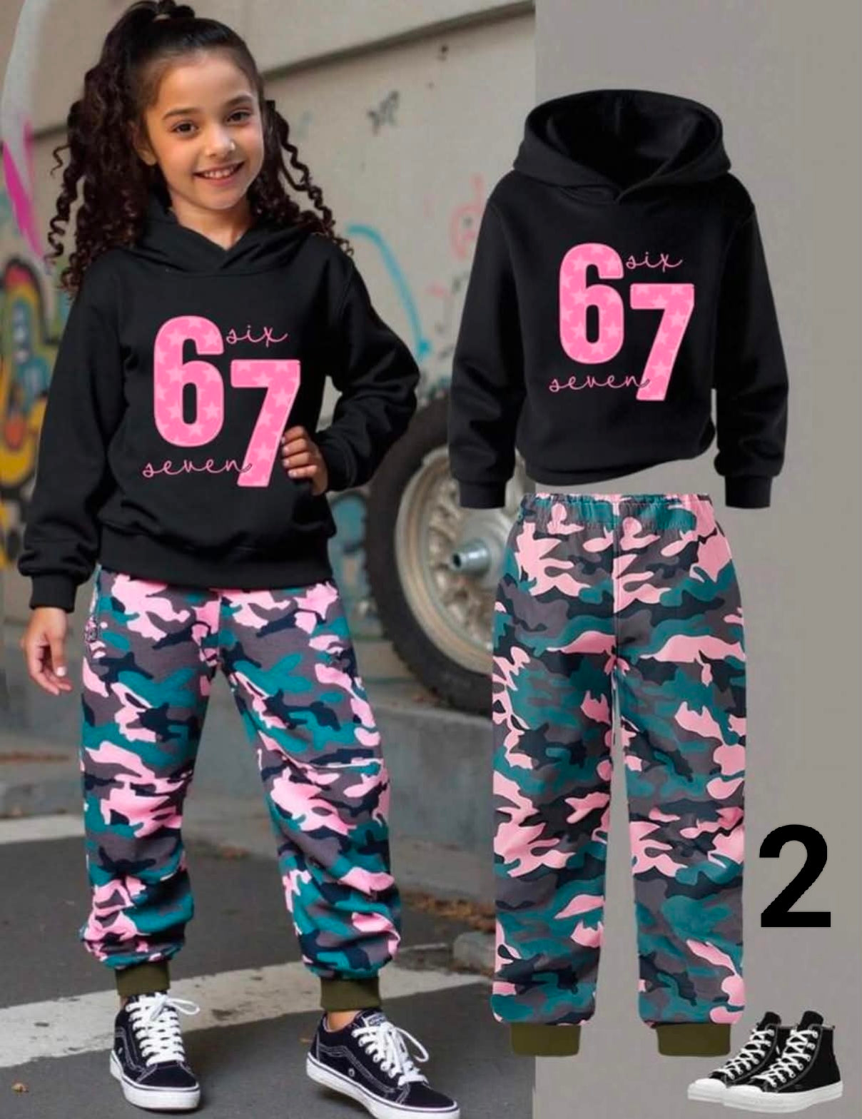 2pcs/Set Young Girl Casual Fashionable Camo Bear Graphic Hoodie & Sweatpants Set,Comfortable Lightweight