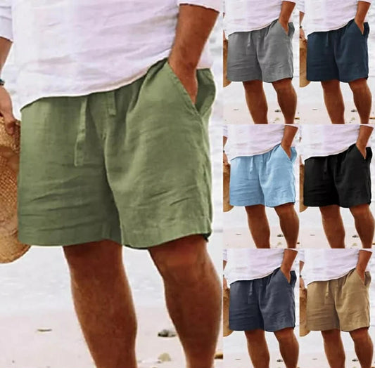 Mens Cotton Linen Shorts Summer Beach Hawaiian Drawstring Waist Short Pants