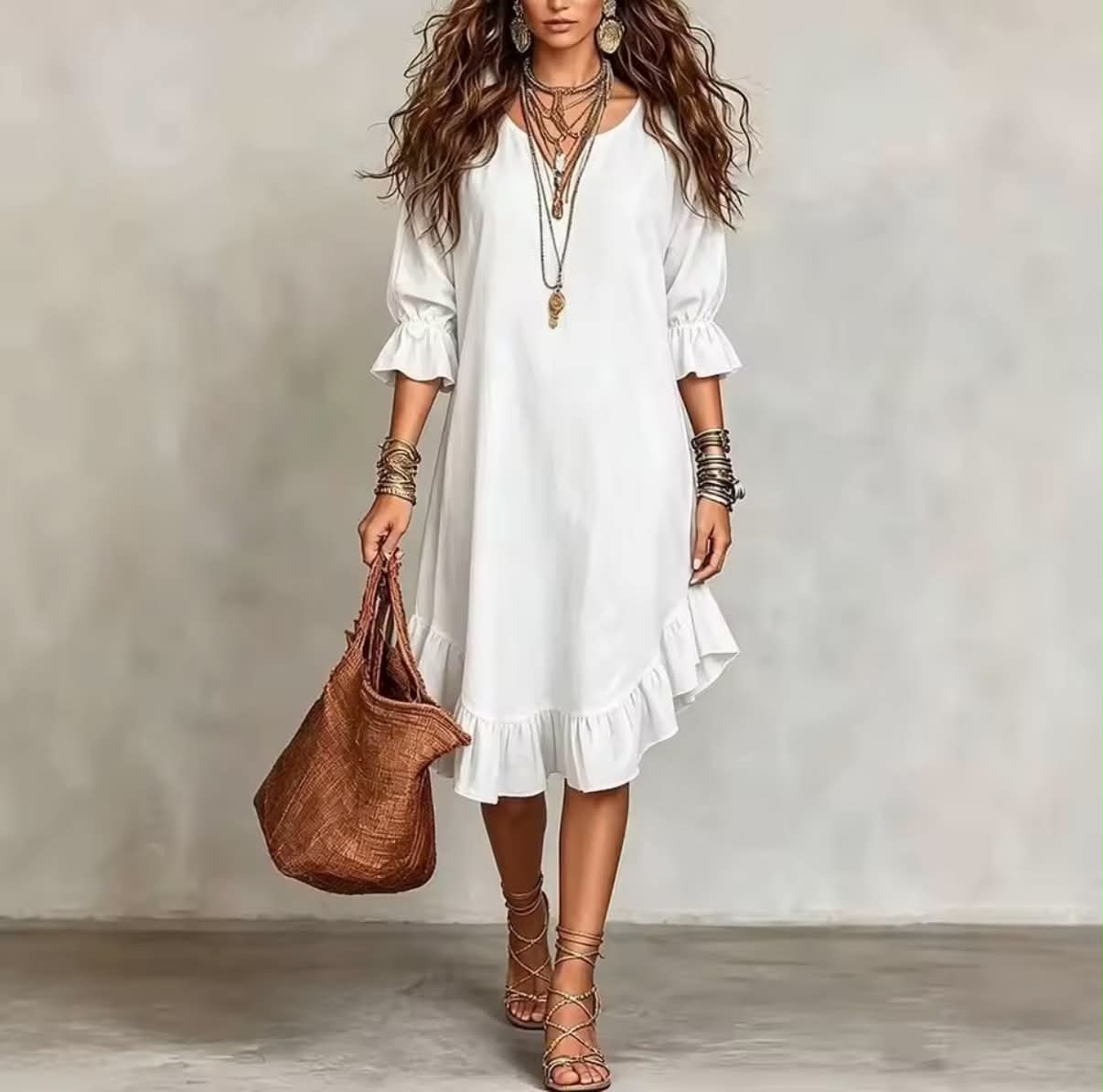 Elegant V-Neck Midi Sleeve Dress with Hem Ruffle Detail