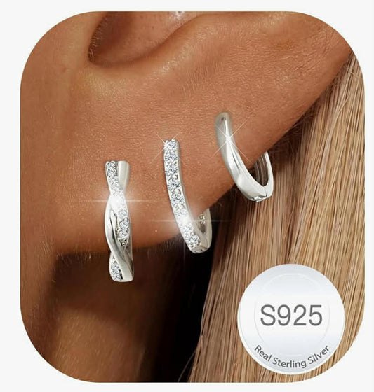 3 Pairs 925 Sterling Silver Hoop Earrings for Women 14K Gold Hypoallergenic Small Hoops Huggies Earring Sets for Multiple Piercings Jewellery Gifts