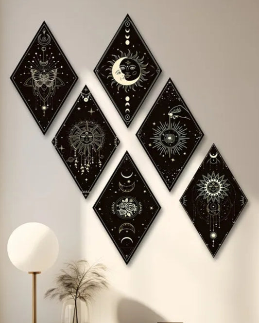 6 pcs Bohemian Moon Phase & Wall Art - Recycled Wood Lunar Calendar Hanging Decor for, Astronomy-Themed Room - Vintage 2 Flat Monthly Stages (No Power Required)