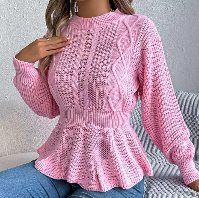 Color Twist Waist Ruffled Long Sve Pullover Sweater