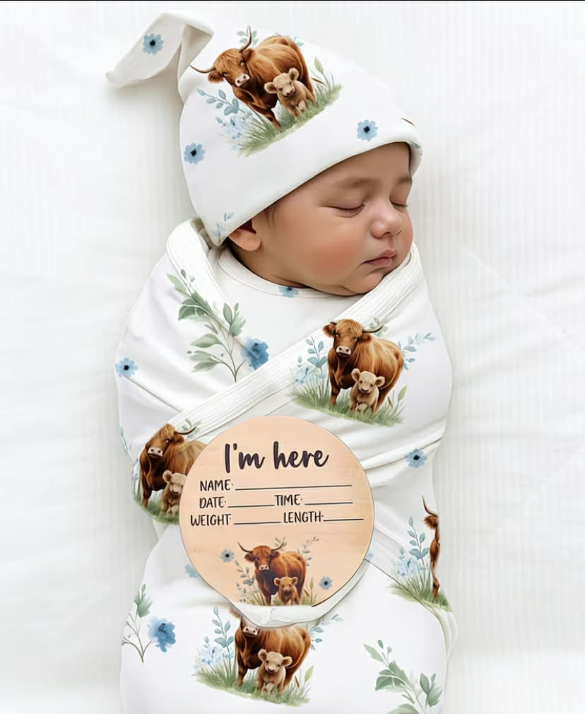 3 pcs Highland Cow Baby Blanket and Headband Set Soft, Skin-Friendly, Unisex Newborn Receiving Blanket, Ideal for Boys and Girls, Perfect Baby Shower Gift