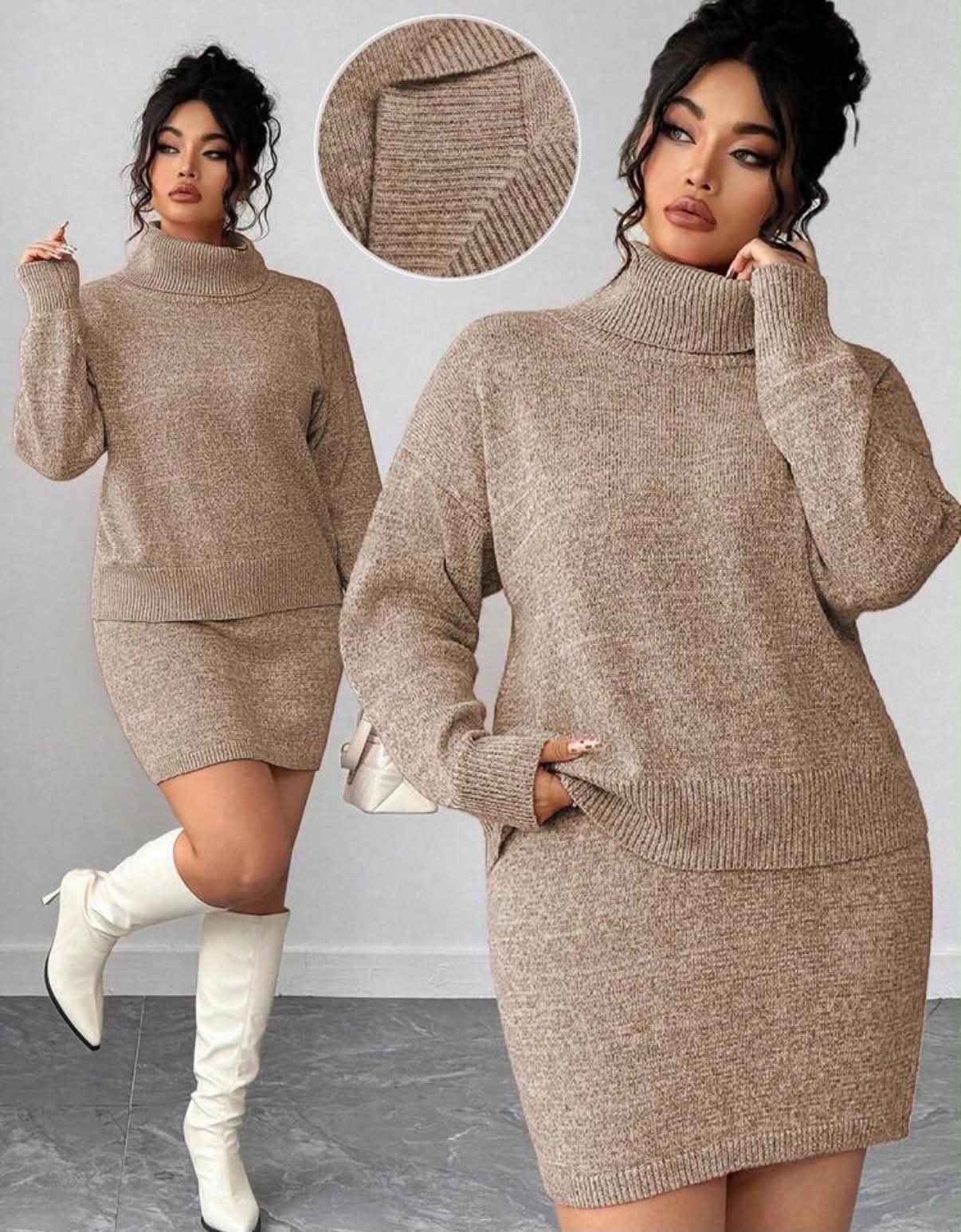 Women 2-Piece Set, Loose Long Sleeve Solid Color Turtleneck Sweater