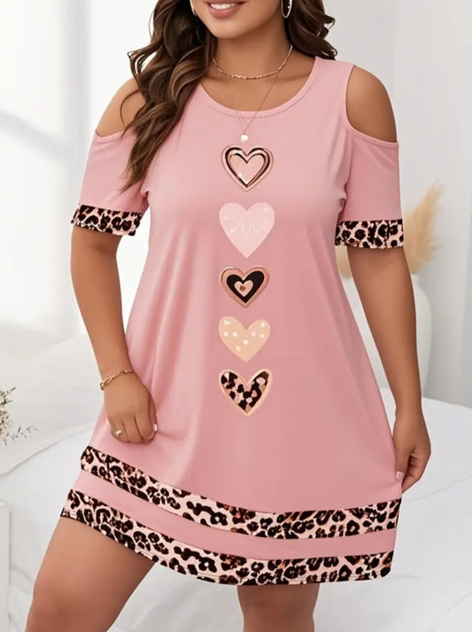 Plus-size Short-sleeve Elegant Dress, Leopard Print and Heart Print Round-neck Short-sleeve Dress, Elegant Short-sleeve Dress for Spring and Summe