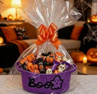 Halloween Boo Ghost Rope Storage Basket, Name Woven Rope Organizer Basket with or without sweets