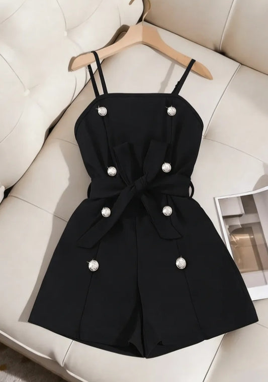 Jumpsuit Shorts with Classic Vintage Double-Breasted Button Design, Black Simple and Stylish,