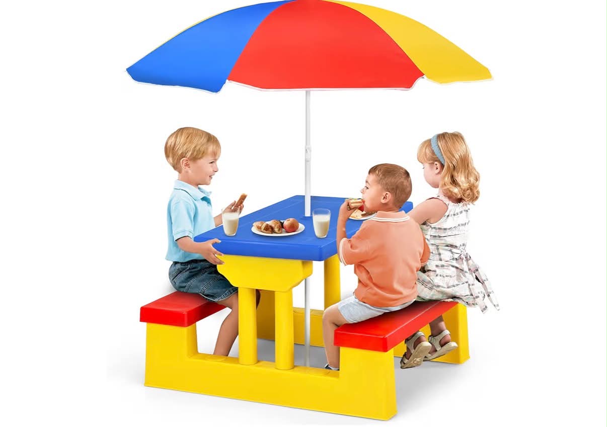 Kids Picnic Table, Garden Toddler Bench Set with Detachable Umbrella, Indoor Outdoor Children Activities Play Table for Boys Girls (Yellow + Red + Blue)