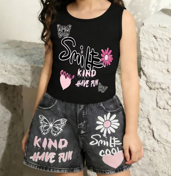 Faux Denim Shorts 2 pcs Set Print Design-Not Textured 2D Printing, Featuring Girls' Favorite White Butterfly And Heart Pattern Girls'