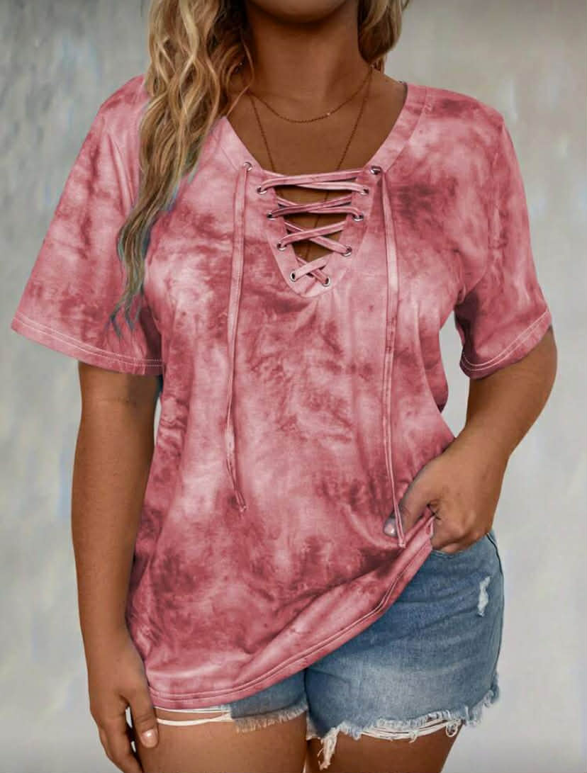 Tie Dye Lace Up Front Tee Graphic Tees Women Tops