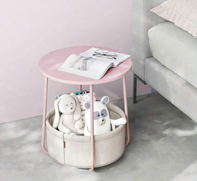 Side Table, Round End Table With Fabric Basket