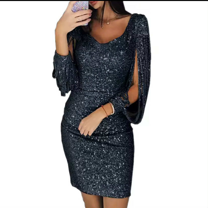 Plus Size Dresses for Women Elegant Long Sleeve Sequin Mini Dresses