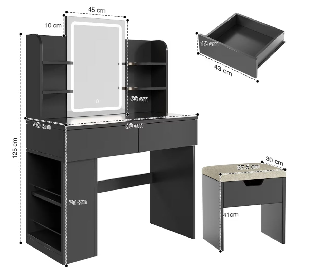 Dressing Table with Stool,Vanity Desk Set with LED Lights Mirror