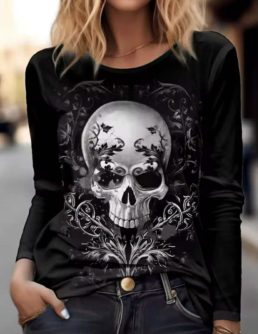 Women's Long Sleeve Horror Undead Skull Pattern T Shirt