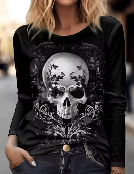 Women's Long Sleeve Horror Undead Skull Pattern T Shirt