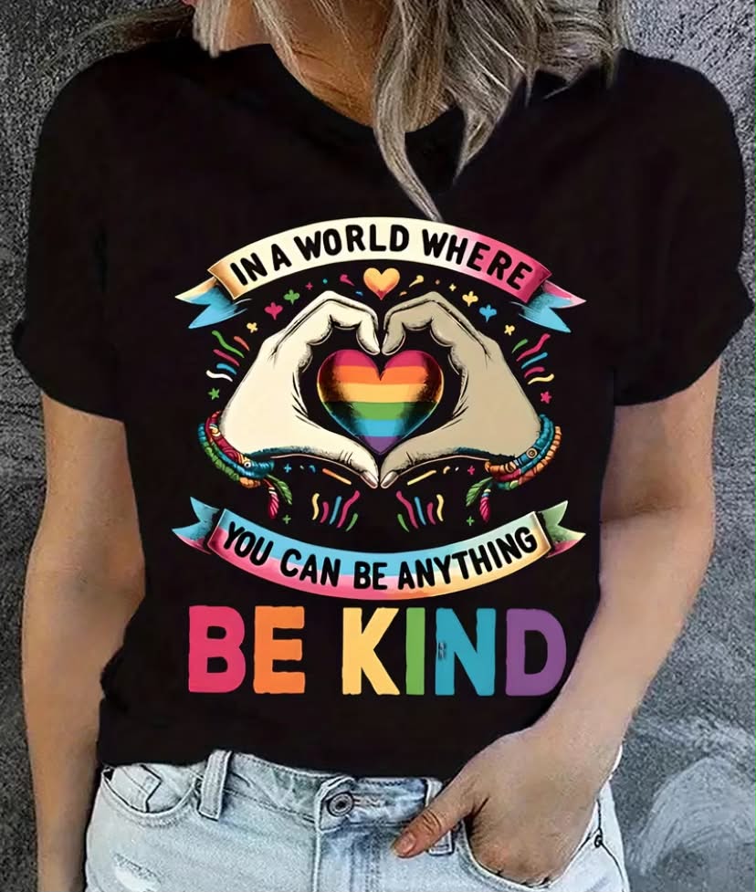Women'S Casual T-Shirt with Rainbow Heart Design - "In a World Where You Can Be Anything, Be Kind" Print, Short Sleeve, Round Neck, Comfortable Knit Fabric,