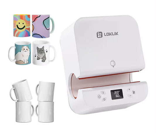LOKLIK Impress Auto Tumbler Heat Press - Mug Heat Press Machine with 4 Pack Mugs Set & A4 Sublimation Paper, 20 Sheets, 120 GSM - Printmaking Kit, Vinyl Transfer Printing, Auto Shut-Off Craft Printer
