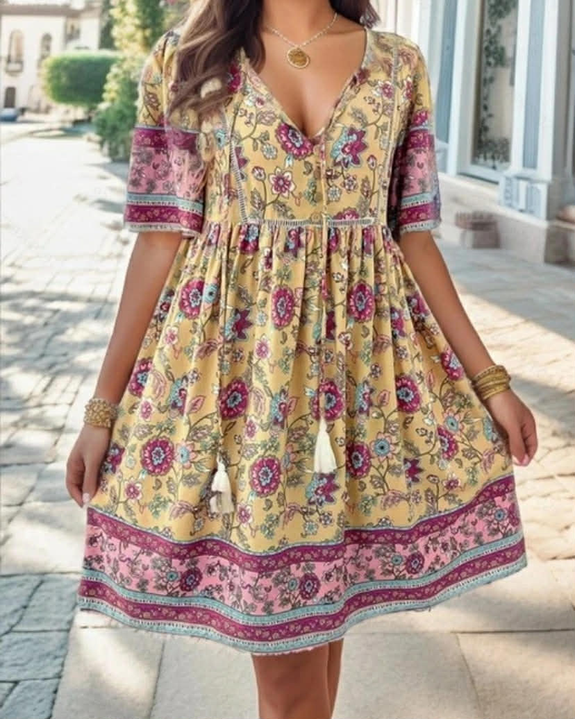 Summer V Neck Short Sleeve Holiday Beach Floral Loose Dress