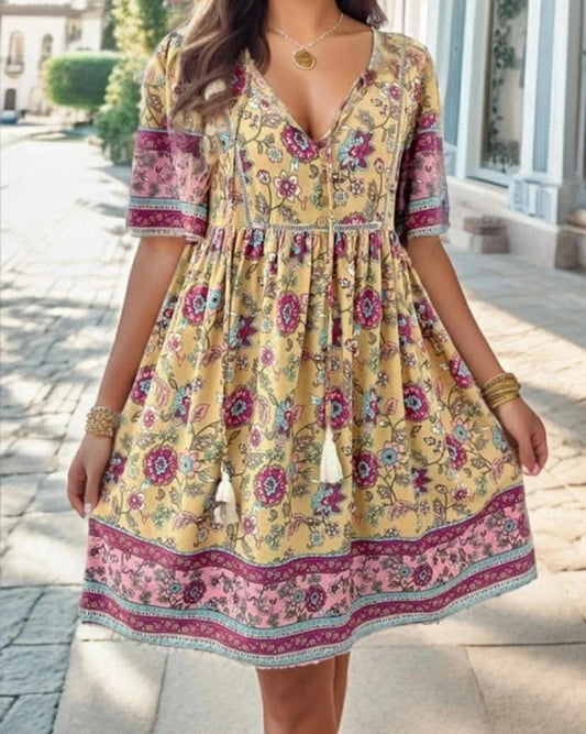 Summer V Neck Short Sleeve Holiday Beach Floral Loose Dress