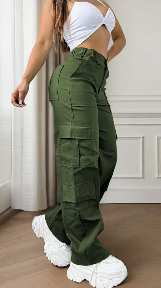 Women'S Elegant Street Style Cargo Pants - Fashionable Casual Loose Fit Elastic Waist Multi-Pocket Pants for All Seasons, Plus Size