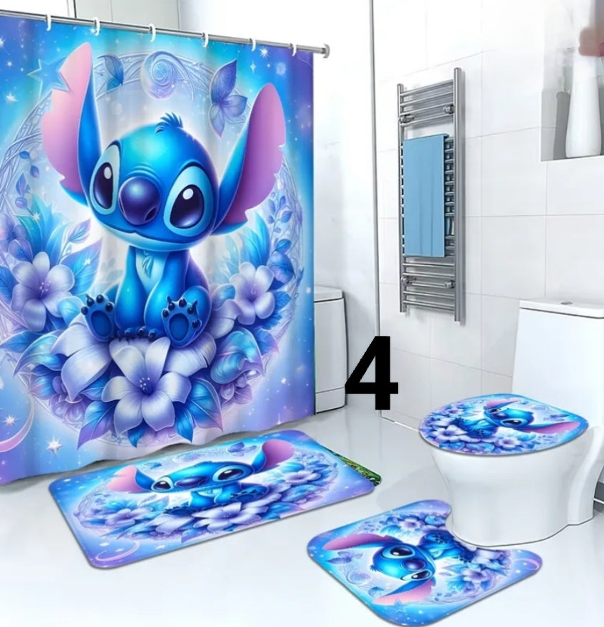 4 pcs Home Bathroom Shower Curtain And Mat Set Stitch Cute Moments -  Includes Shower Curtain, Toilet Lid Cover, Floor Mat And U-Shaped Mat  180.01X180.01Cm, with 12 Hooks