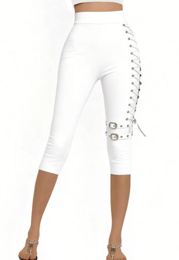 Women'S Gothic Plus Size Tight Cropped Pants, Metal Decorative Buckle Metal Eyelet Crisscross Ribbon Tight Women'S Shorts