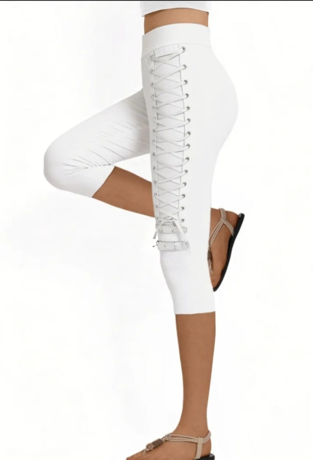 Women'S Gothic Plus Size Tight Cropped Pants, Metal Decorative Buckle Metal Eyelet Crisscross Ribbon Tight Women'S Shorts