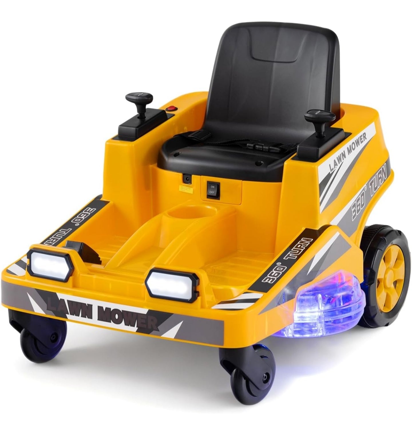 12 V Ride on Lawn Mower for Kids, 2 Motors Electric Car with 360° Twist and Turn, Dual Control Sticks, LED Lights, Outdoor Ride on Toy for 3-8 Years Old